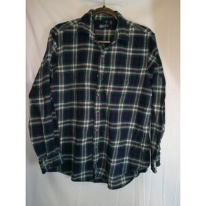Boca Classics Mens L Tartan Plaid Flannel Long Sleeve Button Up Shirt Green Blue